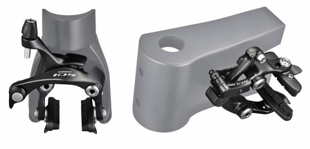 Shimano BR-5810 bromsok för direktmontering. Gaffelmontering till vänster och mpntering vid vevlagret till höger Shimano BR-5810
