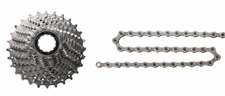 Shimano CS-5800 kassett med upp till 32T. Kedjan CN-5800 har behandlats med friktionssänkande medel Shimano CS-5800 och CN-5800